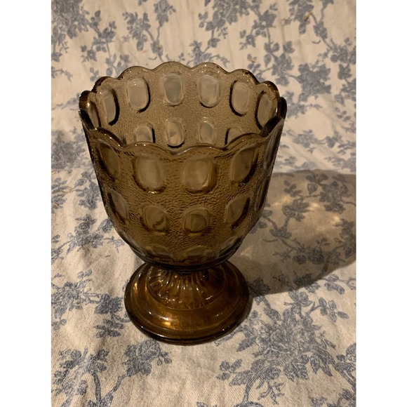 EO Brody Co Smoky Brown Pressed Glass Pedestal Bowl and Thumbprint Vase - Picture 6 of 10